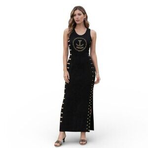 Cache Y2K Black Knit Bodycon Maxi Dress - Studded Gold Nautical Details - Small